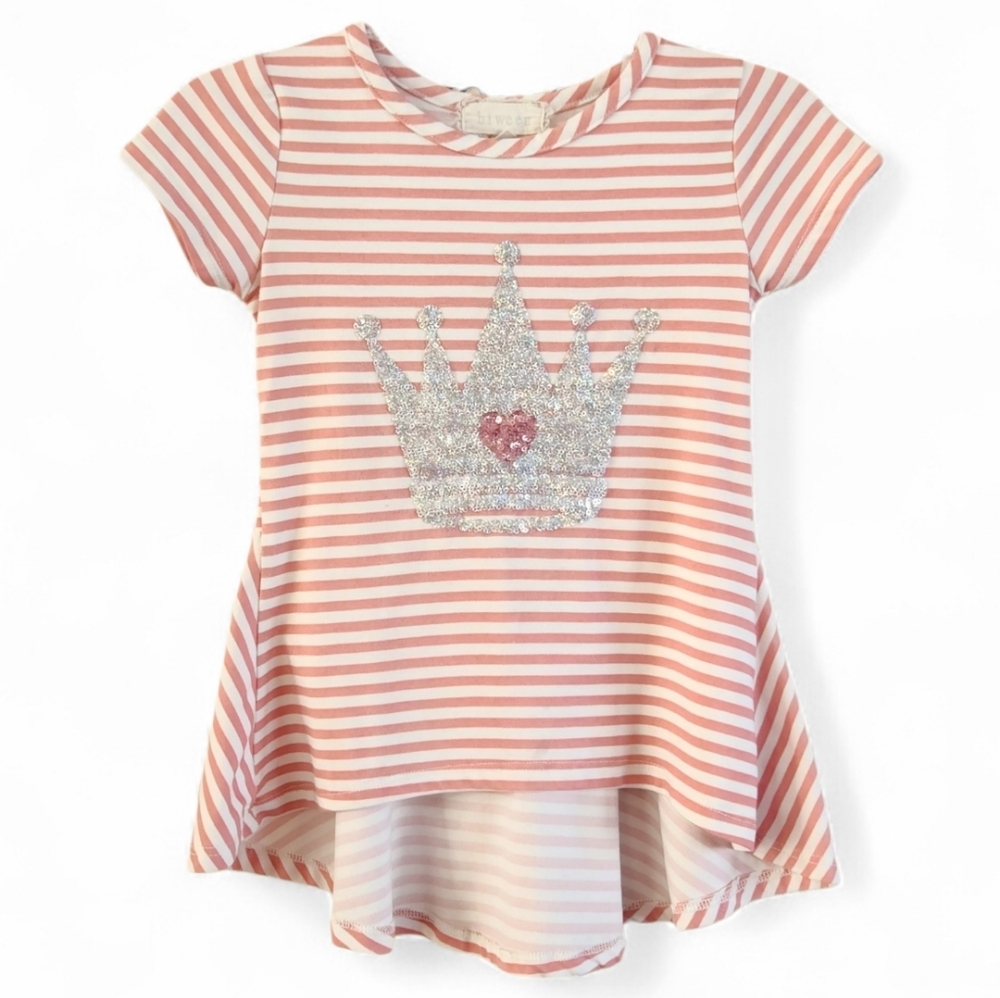 Striped Pink and White Kids Girls High Low Top with Crown & Heart Sequin Design